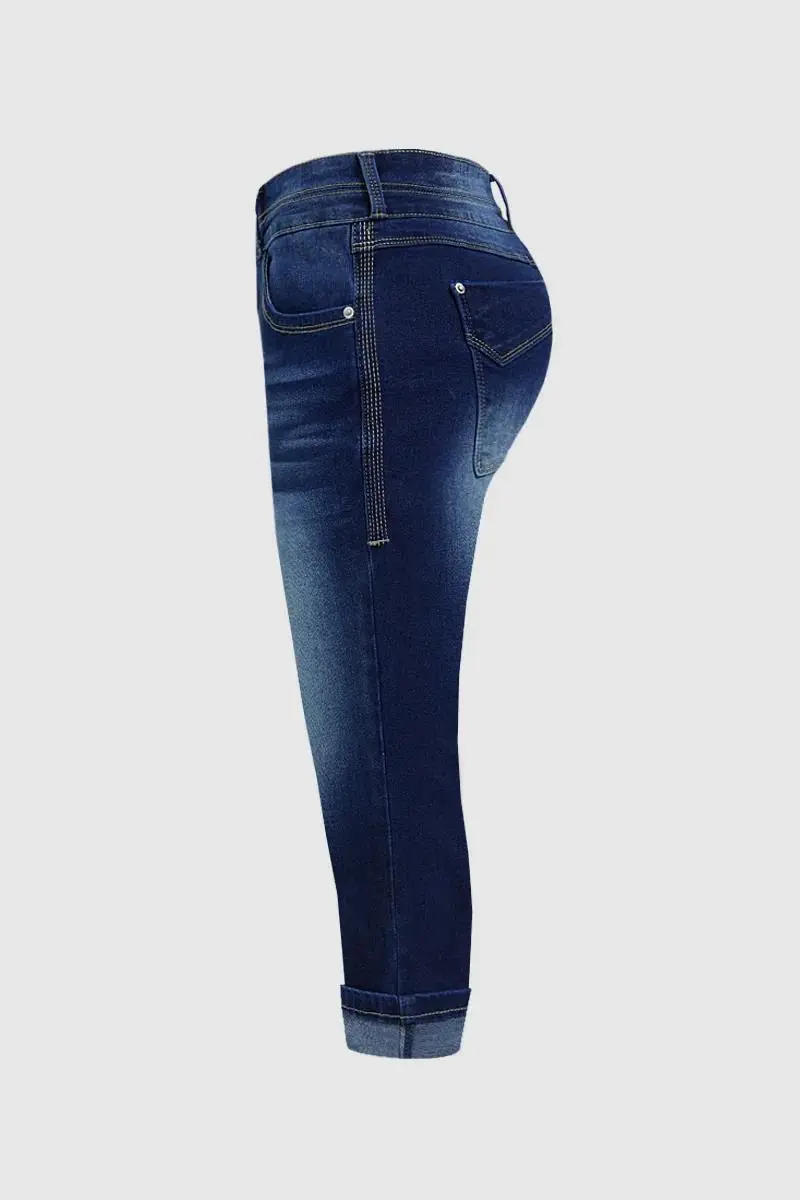 Roll Hem Double Button Mid Rise Capri Jeans
