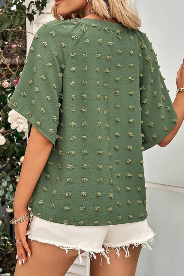 Chiffon Swiss Dot Notched Neck Half Sleeve Blouse