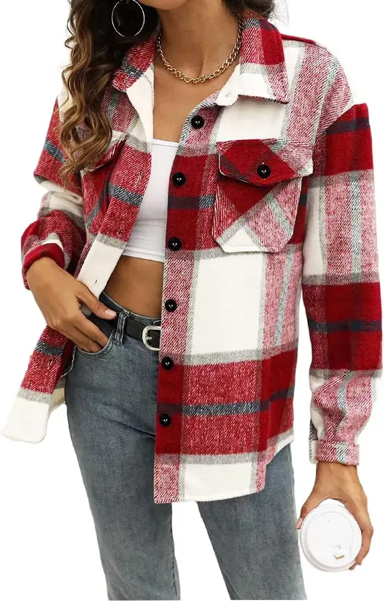 Womens Casual Plaid Shacket Button Down Long Sleeve Shirt