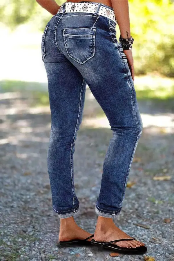 Zip Pocket Roll Hem Mid Waist Crop Jeans Without Belt