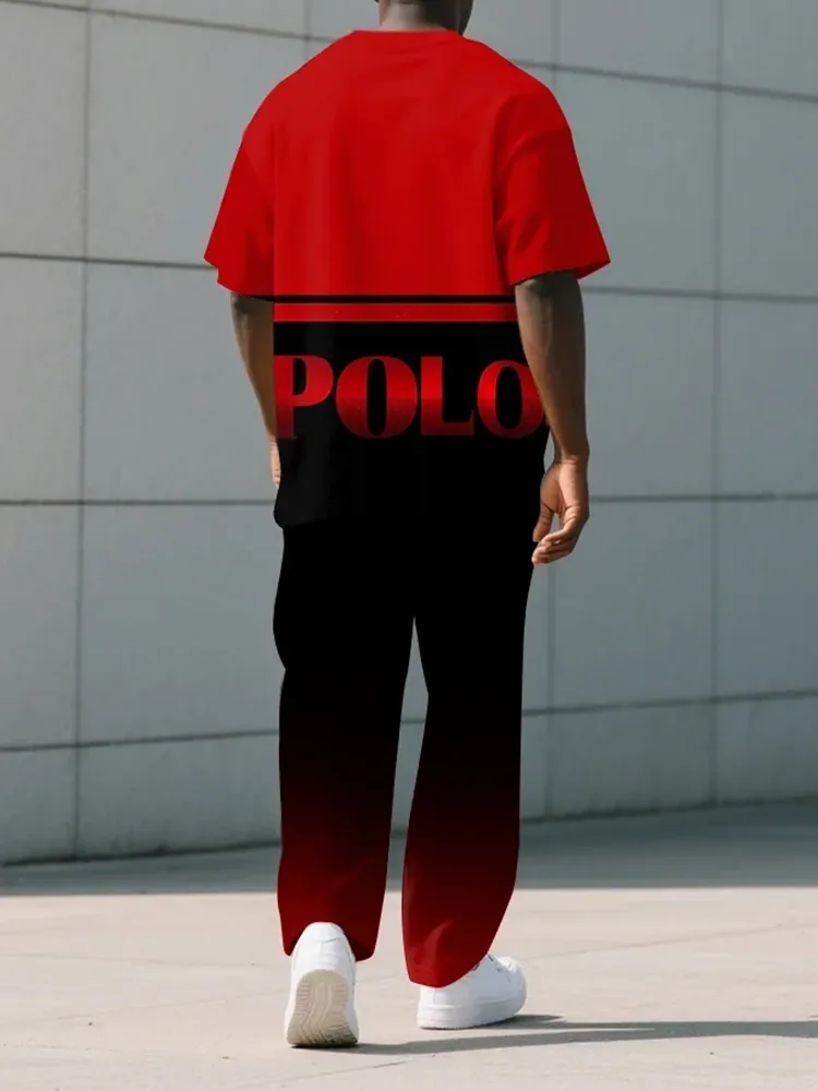 Men'S Plus Size Red And Black Gradient Letter Print T-Shirt Trousers Suit