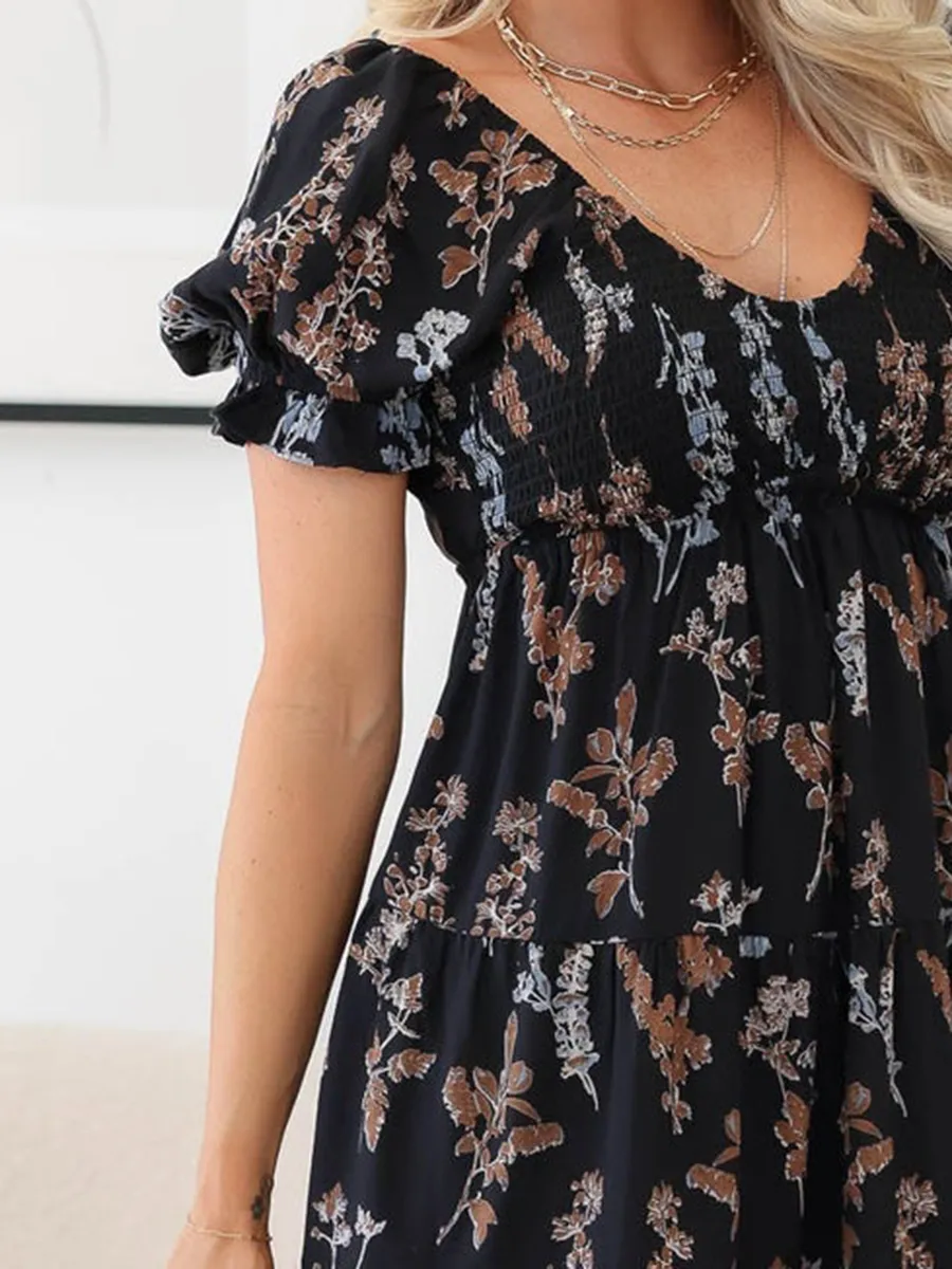 V-neck Bubble Sleeved Floral Dress