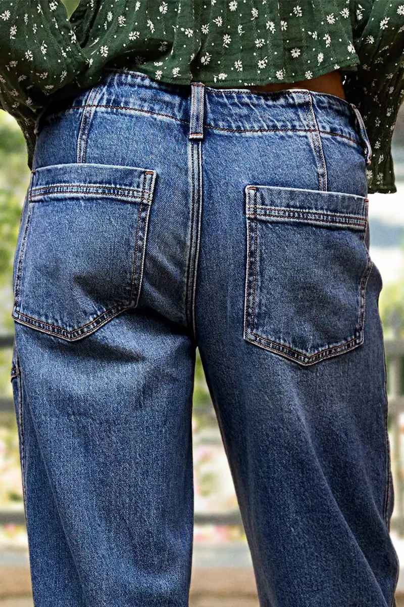 Drawstring Wash Stitch Detail Mid Waist Carrot Jeans