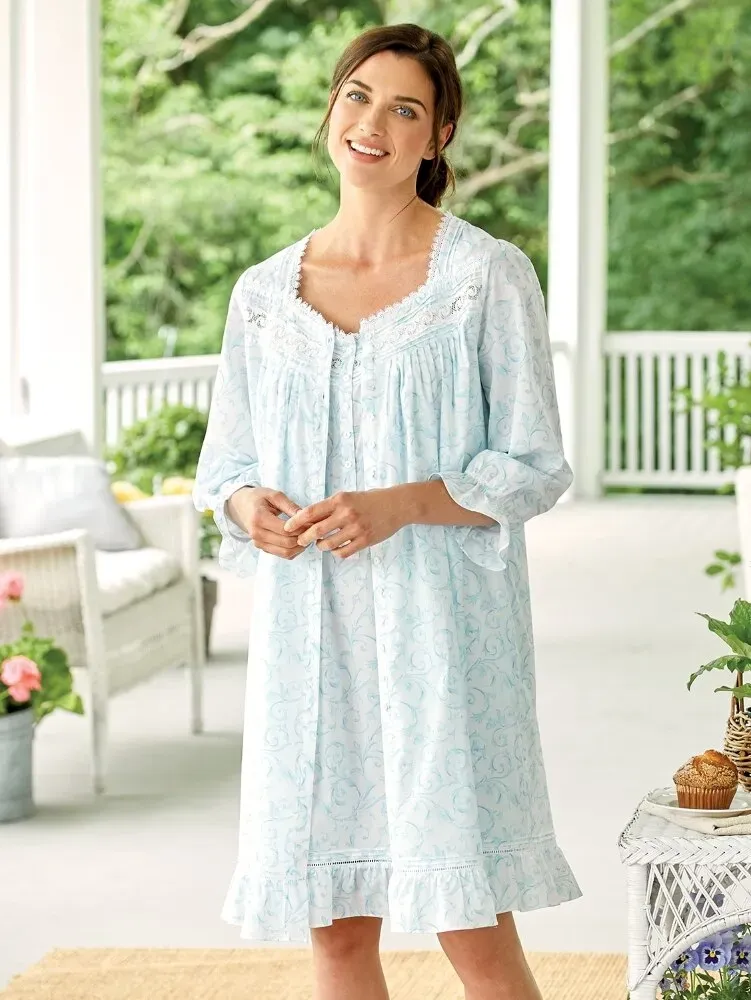 Eileen West Aqua Scroll Cotton Short Robe