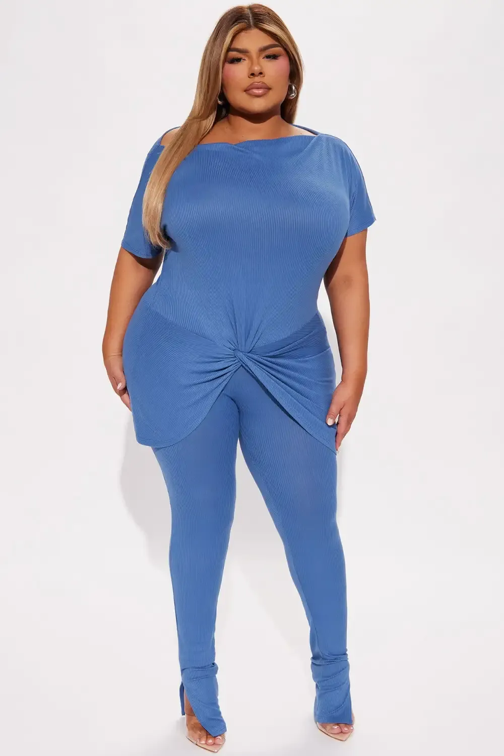 Tara Twist Front Short Sleeve Pant Set - Denim