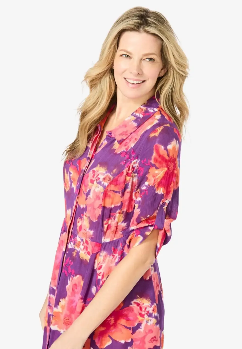 Roll-Tab Sleeve Crinkle Shirtdress