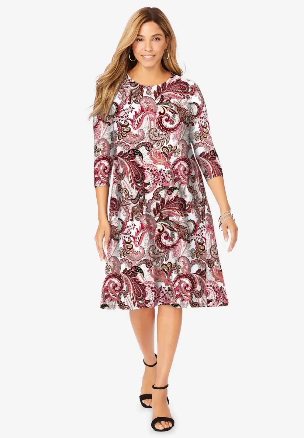 Stretch Knit Three-Quarter Sleeve T-shirt Dress