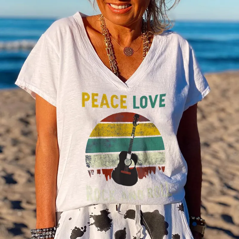 Peace Love Rock And Roll Guitar Printed Graphic Tees