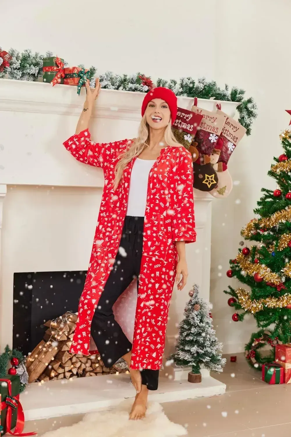Women Zipper Robe 3/4 Sleeves Loungewear Dress Full Length Sleepwear Pockets Housecoat Nightgown Long Bathrobe