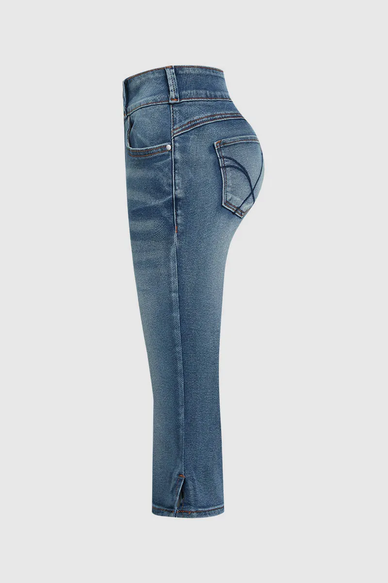 Split Hem Stitch Detail High Rise Capri Jeans