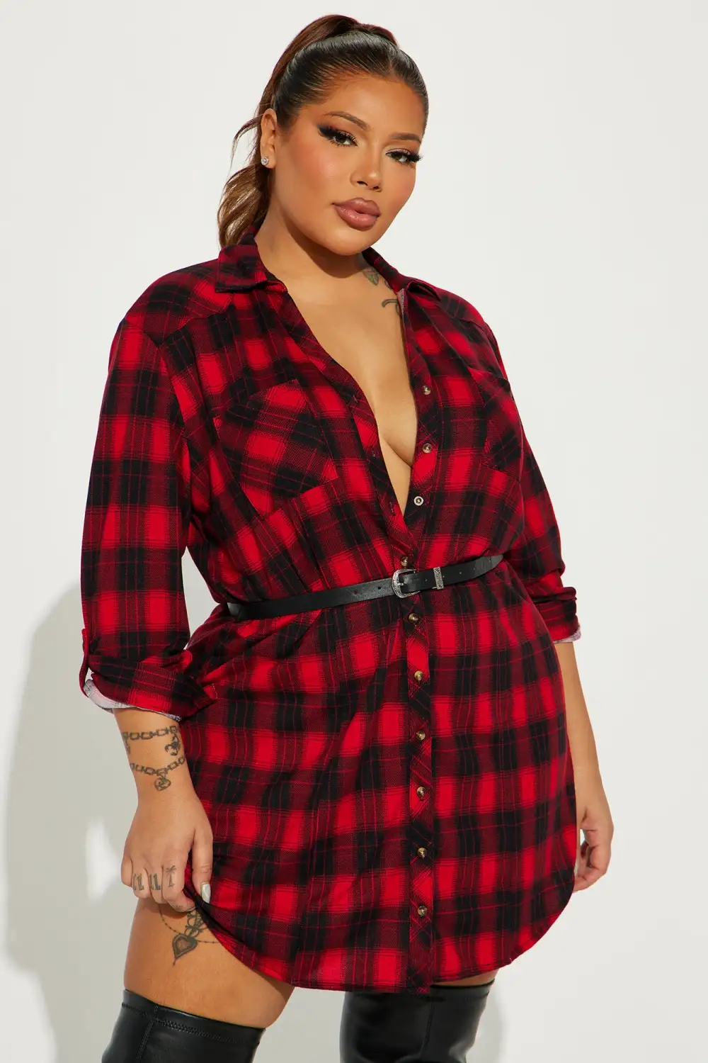 Rebecca Belted Flannel Mini Dress - Red/combo