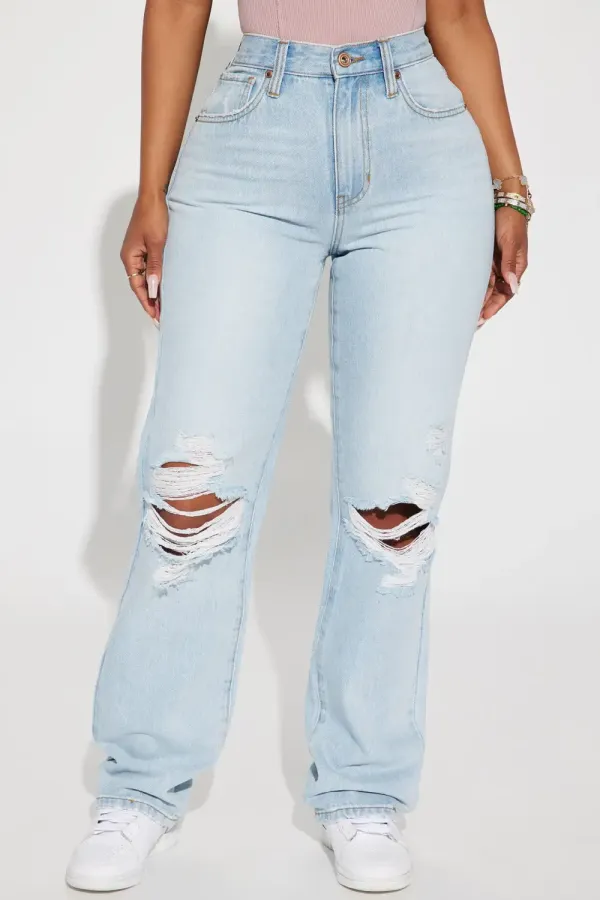 Only One Non Stretch Ripped Straight Leg Jean - Light Wash
