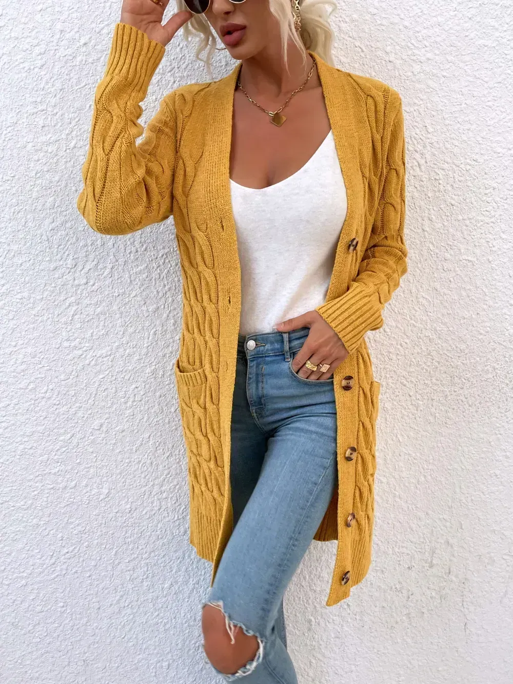 New long coat twist rope solid color cardigan sweater