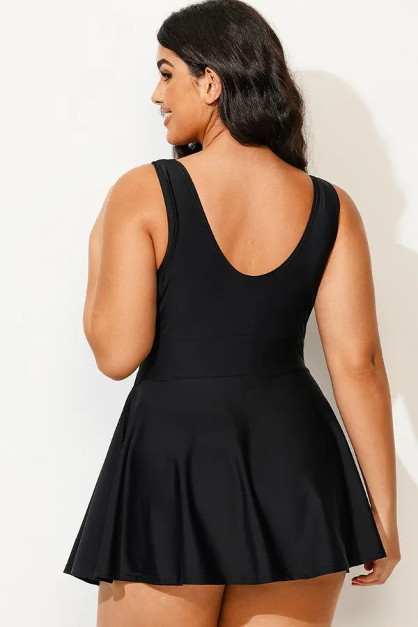 Black V-neck Wide Strap Crochet Detail Swimdress