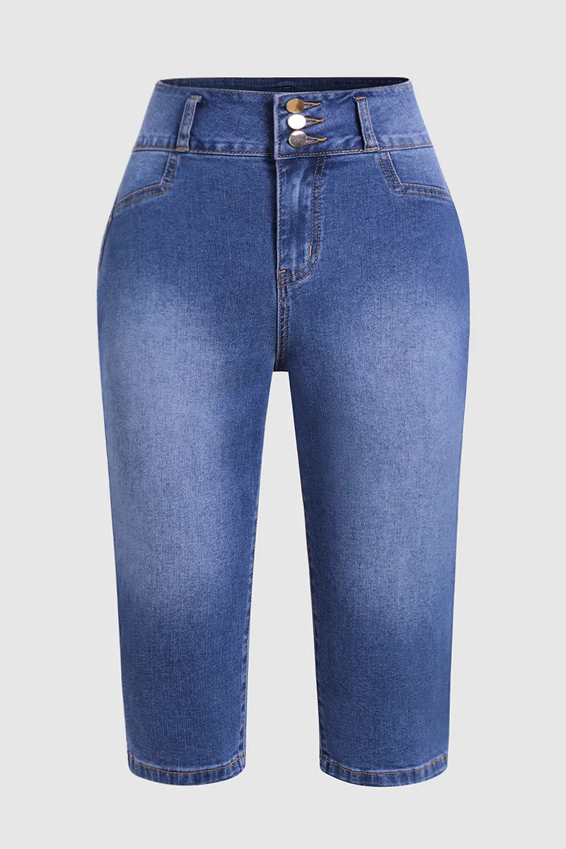 Button Fly Wash High Stretch High Waist Capri Jeans