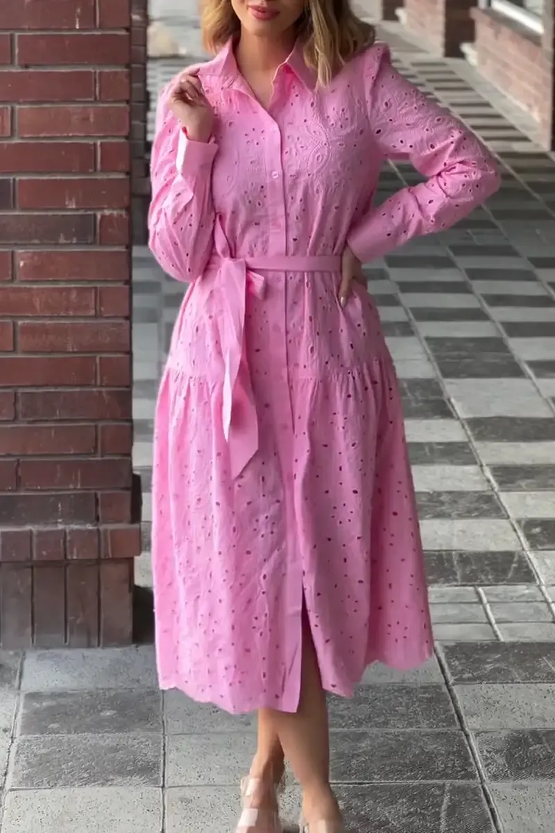 Women's casual hollow fabric pleated belted shirt dress