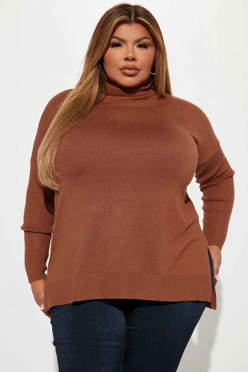 Tune It Out Turtleneck Tunic Sweater - Brown