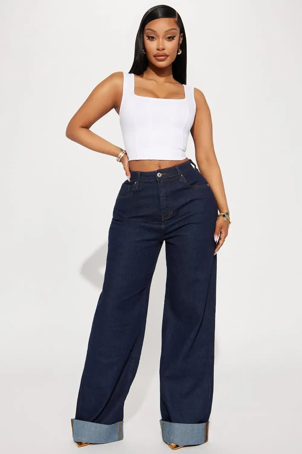 The Audacity Cuffed Wide Leg Jeans - Dark Wash