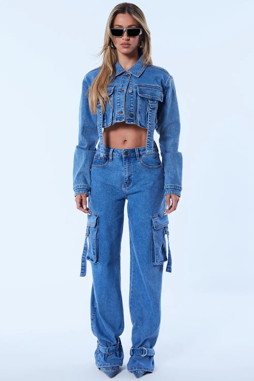 Love Hurts Ankle Strap Cargo Jeans - Medium Blue Wash