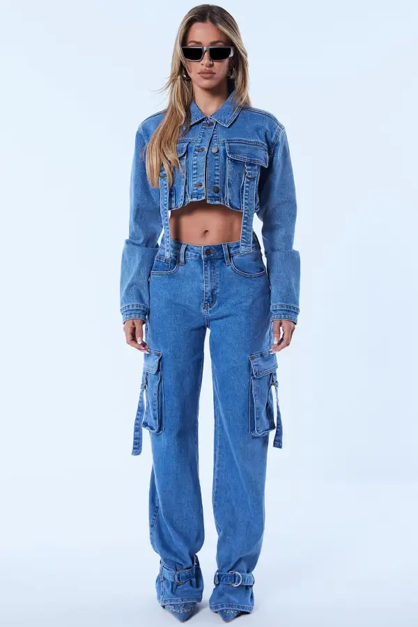 Love Hurts Ankle Strap Cargo Jeans - Medium Blue Wash