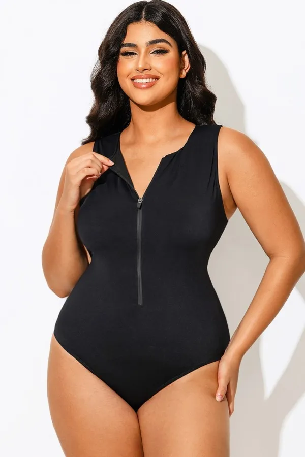 Black Sleeveless Zip Up Sculpting One Piece Swimsuit