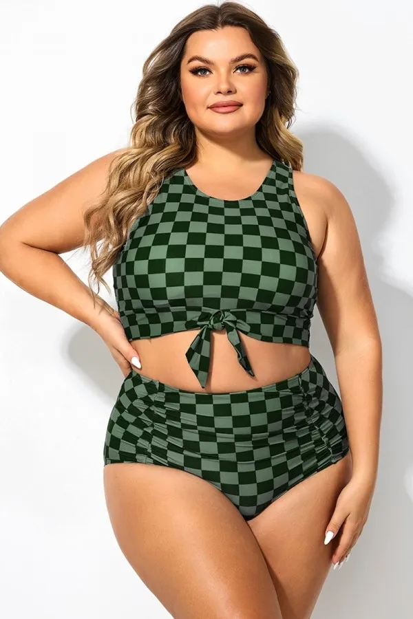 Black Grey Check Knotted Crop Bikini Top