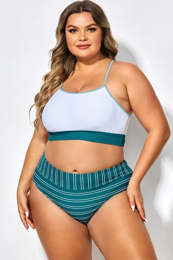 Teal Striped Women Bikini Top