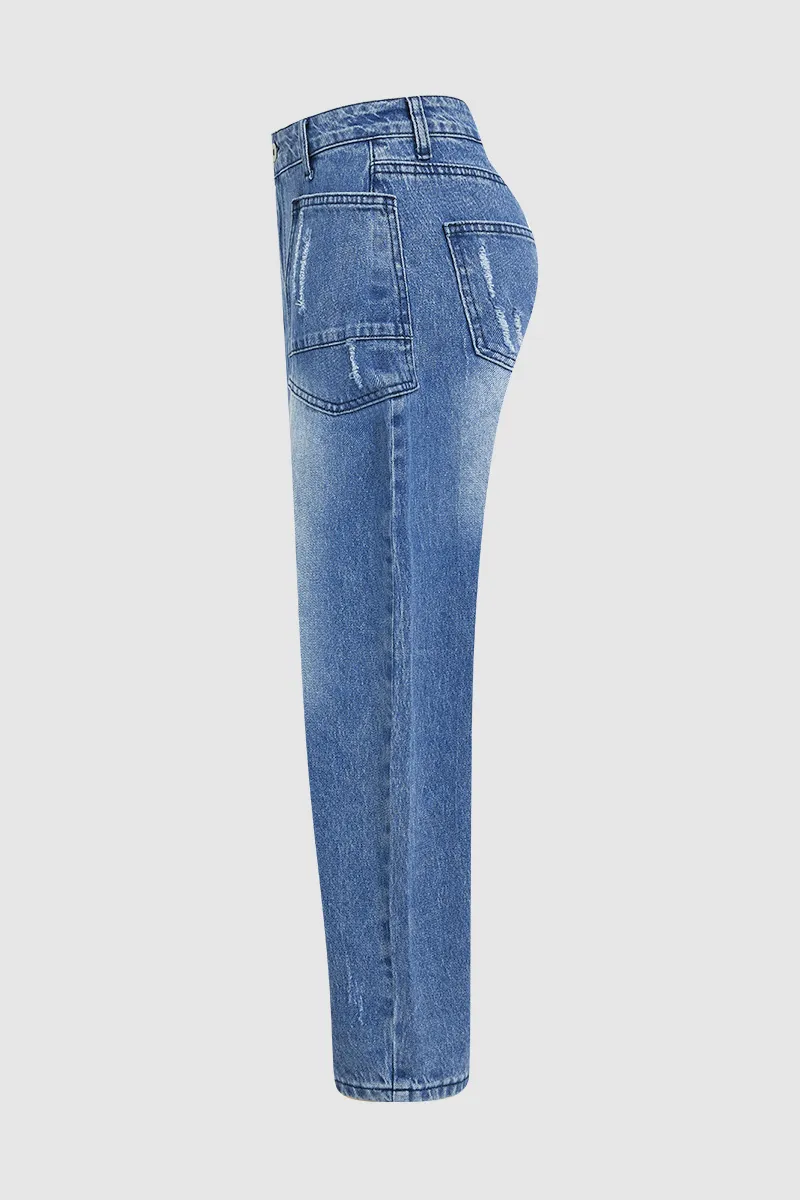 Wash Ripped Mid Rise Barrel Leg Jeans