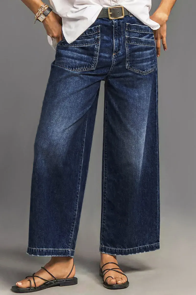 Wash Stitch Detail Raw Hem Wide Leg Mid Rise Jeans