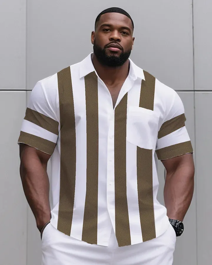 Big & Tall Men'S Daily Casual Khaki Striped Shirt Shorts Suit