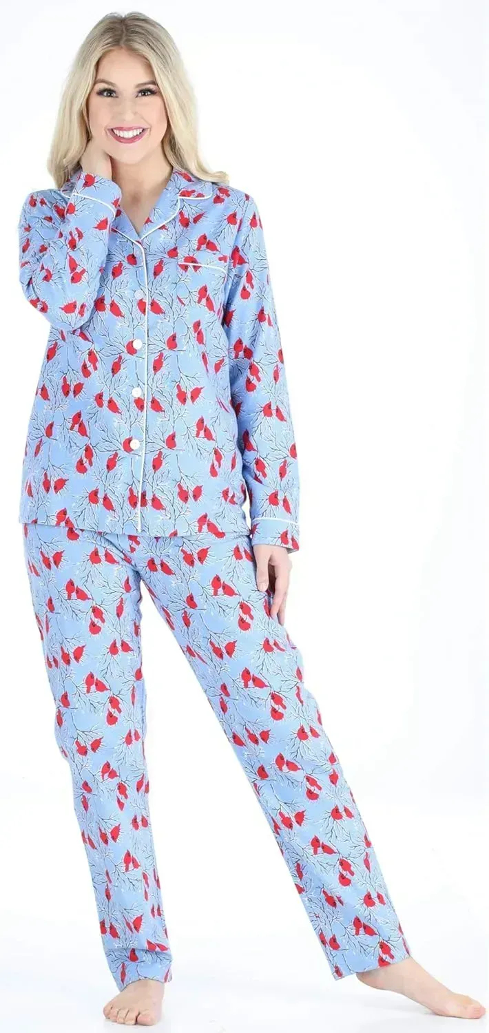 Women's Cotton Flannel Long Sleeve Button-Down Pajamas PJ Set
