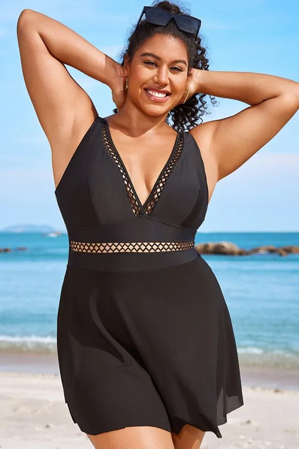 Plus Size Black Lattice Plunge Mesh Swimdress