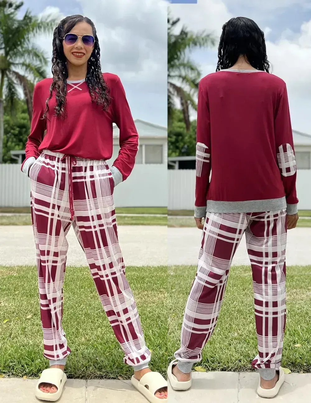 Women's Pajamas Sets Long Sleeve with Plaid Pants Soft Sleepwear O Neck 2 Piece Pjs Joggers Loung Set with Pockets