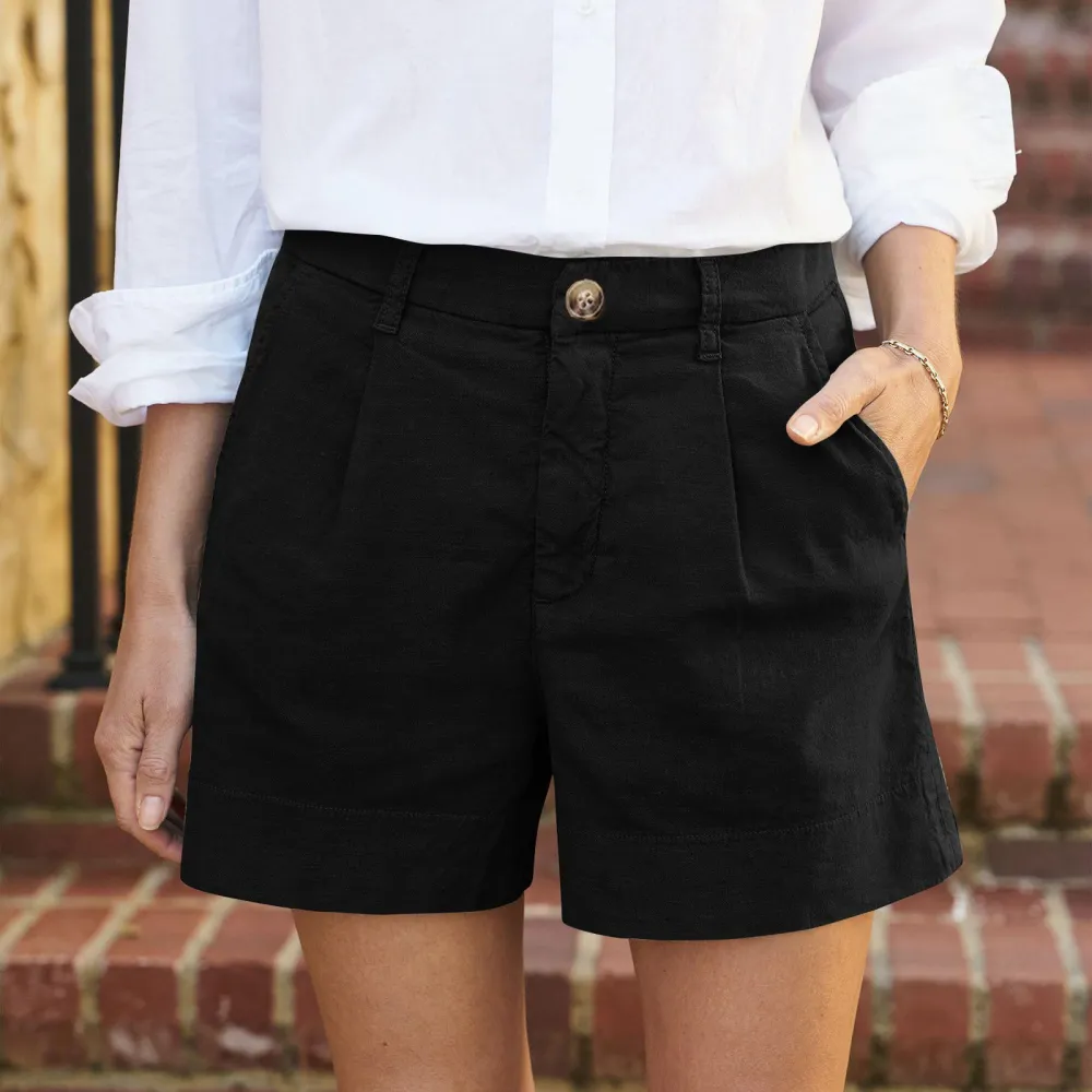 Casual Solid Color Cotton And Linen Button Down Shorts