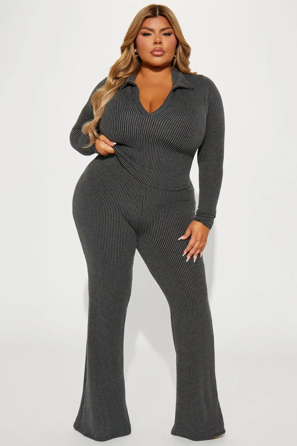 Josie Ribbed Long Sleeve Set - Charcoal