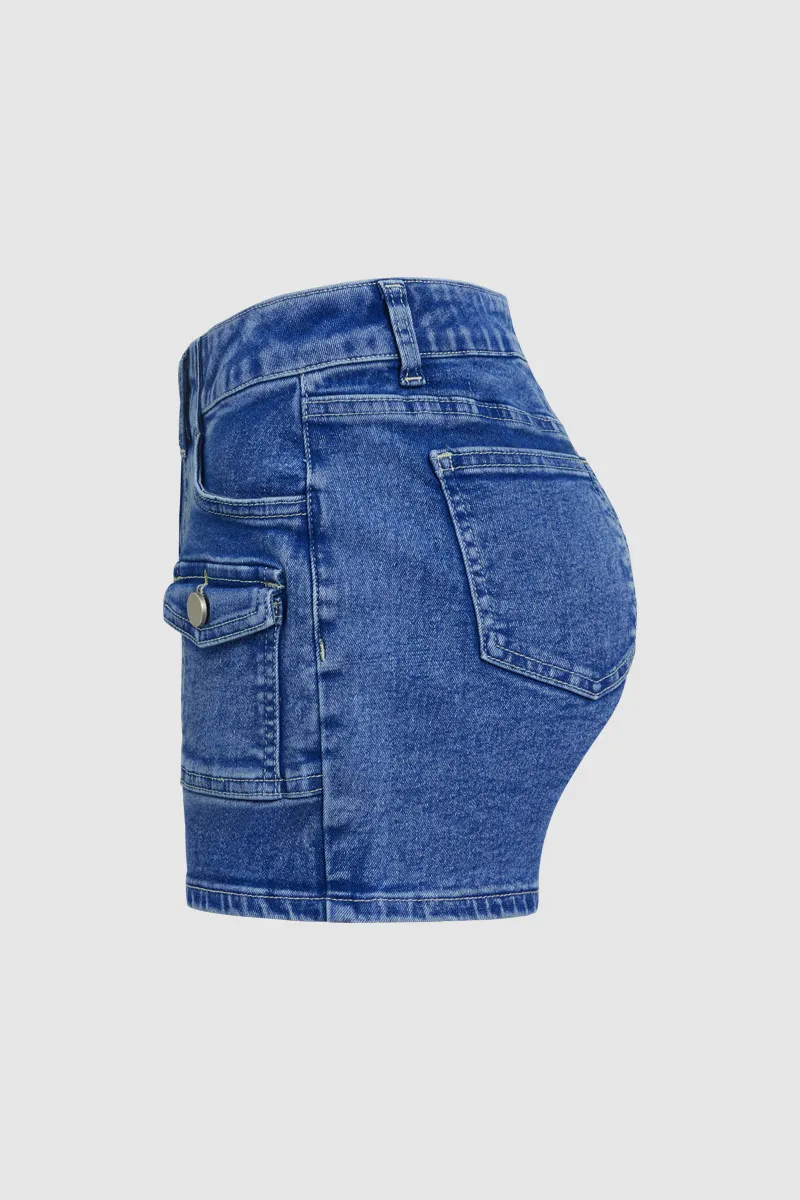 Wash Flap Pocket Front Mid Waist Denim Shorts
