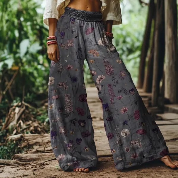 Vintage Bohemia Floral Pattern Women's Linen Blend Casual Pants