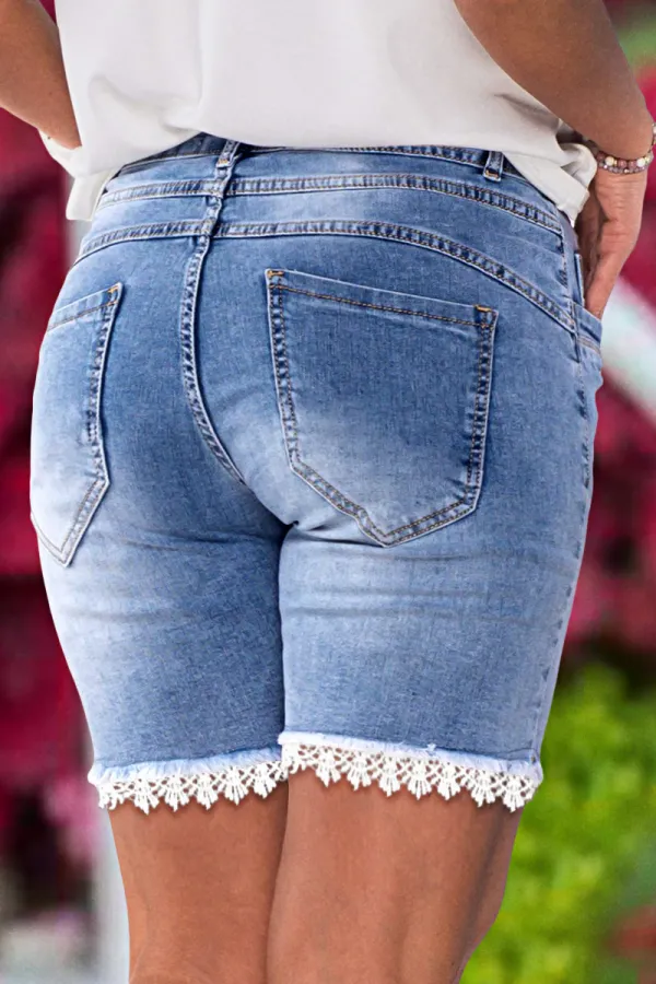 Lace Trim Raw Hem Mid Waist Denim Mid Thigh Shorts