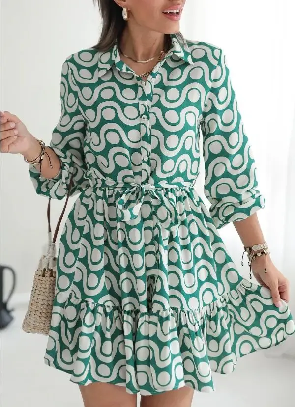Women's Lapel Sleeve Printed Casual Dress