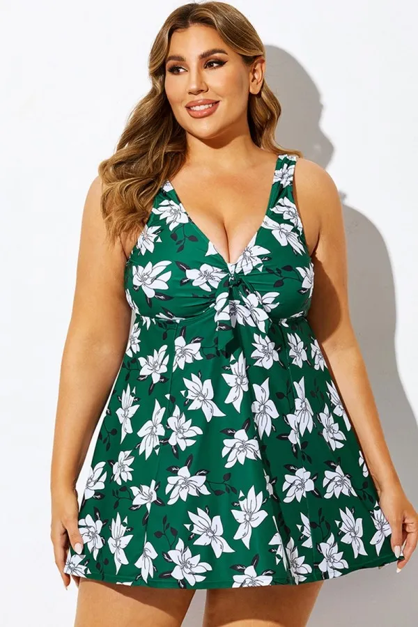 Green Floral Print Tie Front V-Neck Swimdress