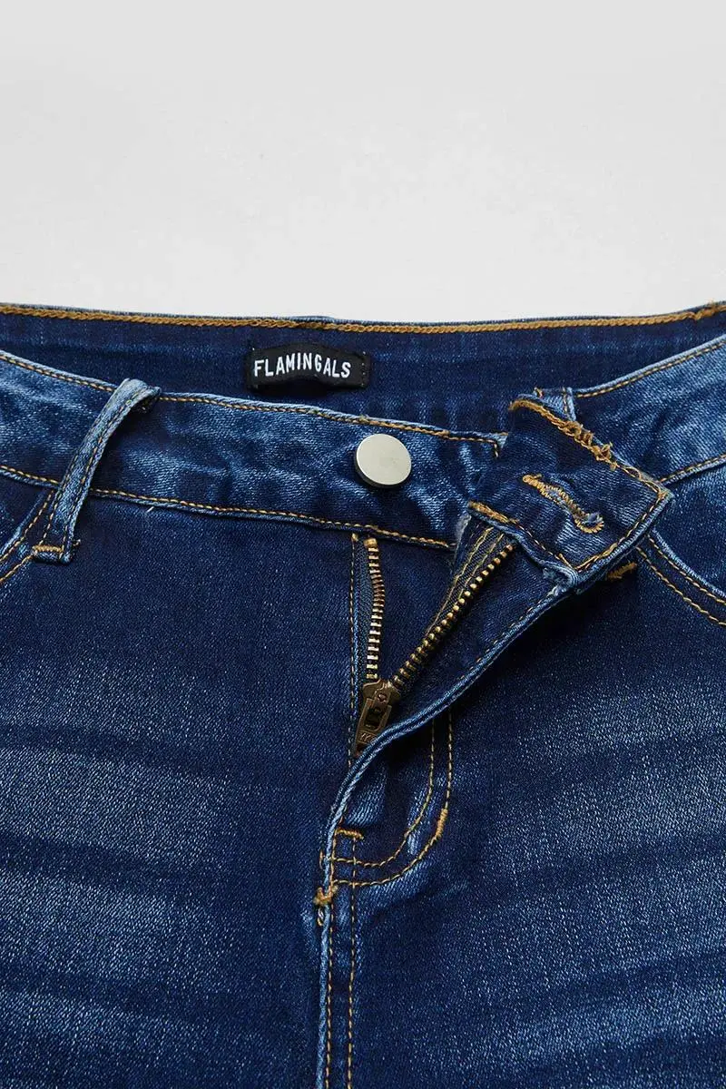Ripped Raw Hem Mid Waist Denim Mid Thigh Shorts