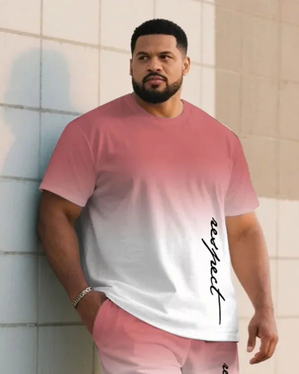 Big & Tall Men's Gradient Contrast Handwritten Respect Slogan Printed T-Shirt and Shorts Suit
