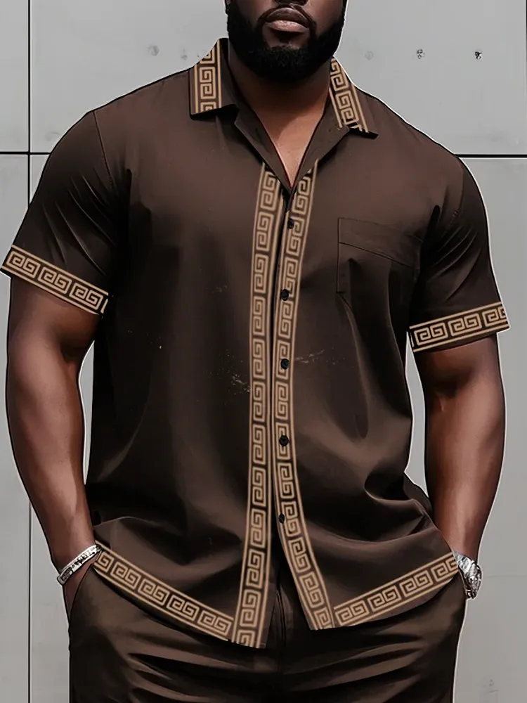 Big Man'S Retro Daily Casual Edge Color Block Printing Short Sleeve Shirt Shorts Suit