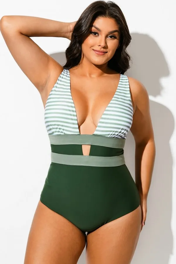 Green Striped Cut Out One Piece Swimsuit