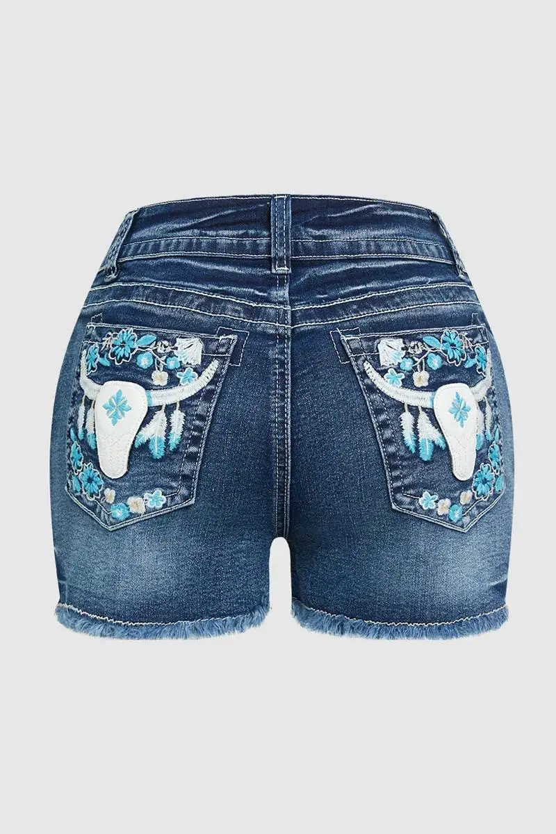 Bull & Floral Embroidered Raw Hem Mid Rise Denim Shorts