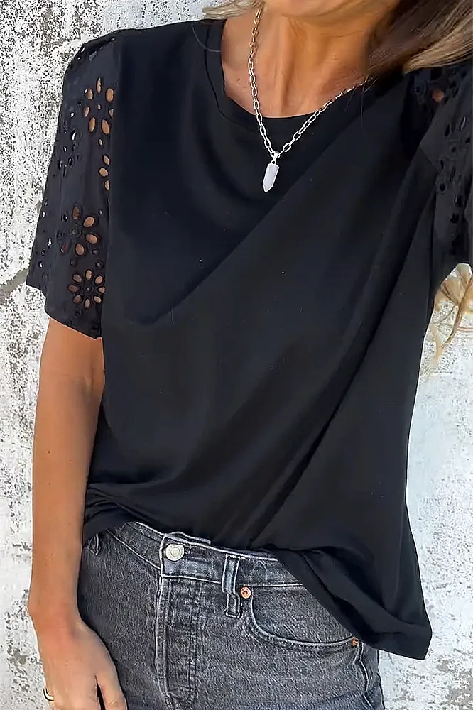 Women's solid color spliced hollow T-shirt