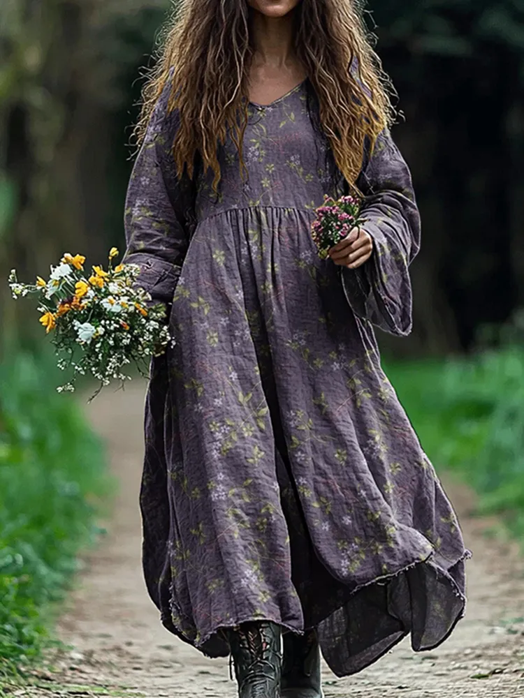 Vintage Floral Art Linen Blend Maxi Dress