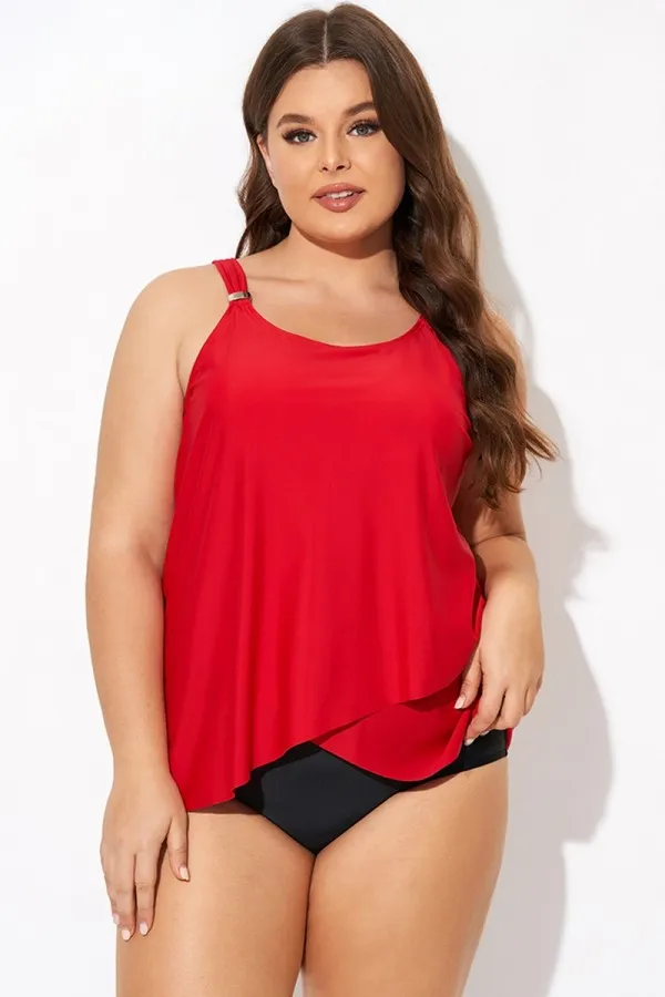 Solid Red Flowy Front Full Straight Back Tankini Top