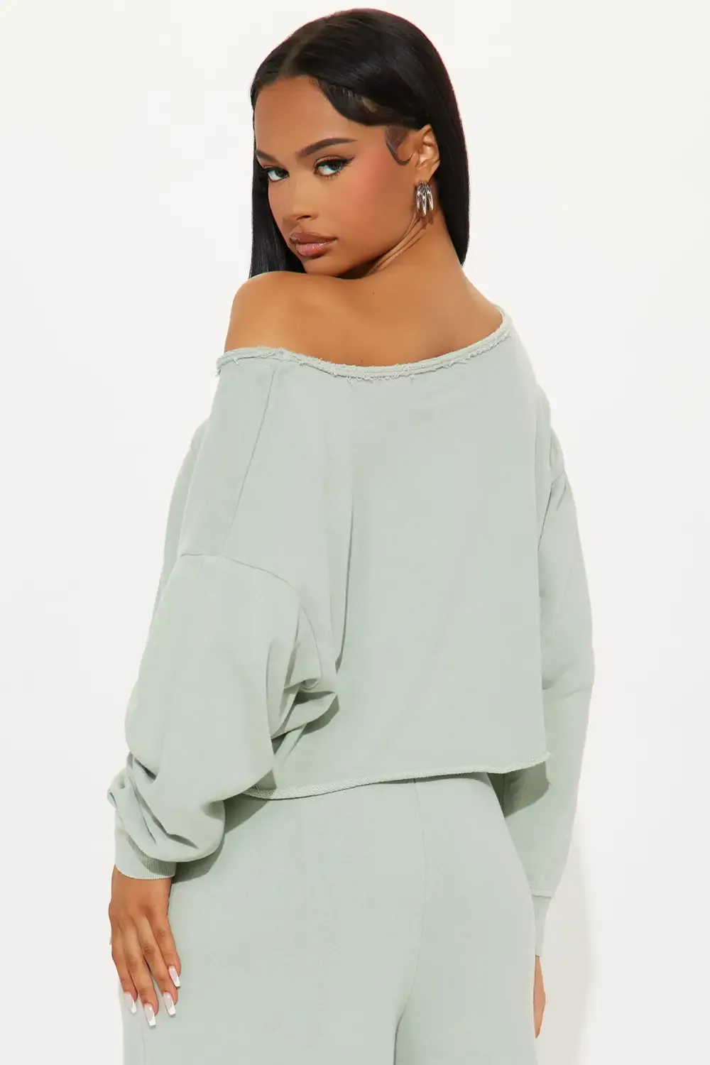 The Washed Off Shoulder Sweatshirt - Sage