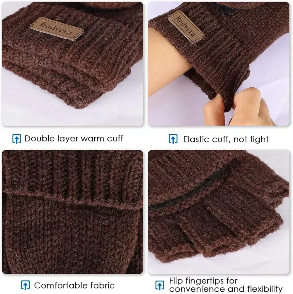 Bodvera Thermal Insulation Fingerless Texting Wool Gloves for Women and Men Winter Warm Knitted Convertible Mittens Flap